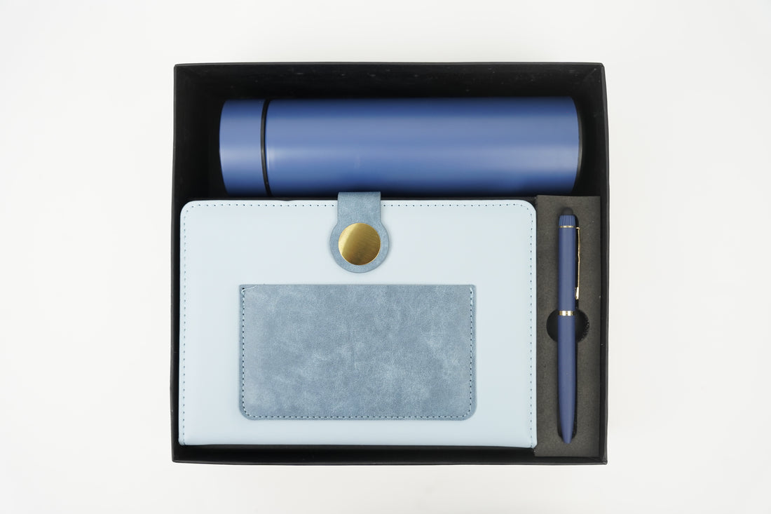 Dual Shade Diary+ Classic Metal Pen+ Temperature Bottle-BLUE
