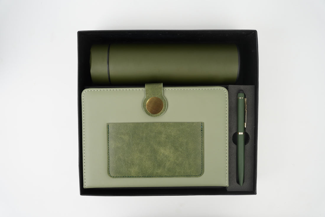 Dual Shade Diary+ Classic Metal Pen+ Temperature Bottle-GREEN