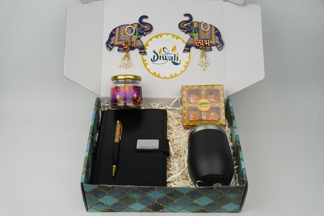 "Personalized Diwali Gift Hamper 8.0-BLACK “Executive Diary Gift Hamper with Jari Pen, Lota Mug, Almonds, Motichoor Ladoo Candles & Shubh Labh Latkan – Festive Gift Box”