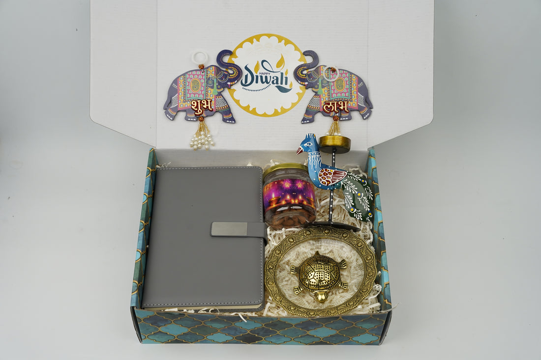 "Personalized Diwali Gift Hamper 4.0-GREY✨ Metal Flip Diary, Kacchua with Glass Plate Lucky Charm, Peacock Tea Light Candle, Shubh Labh Latkan, Almond Jar & Designer Box | Festive Gift Hamper 🎁