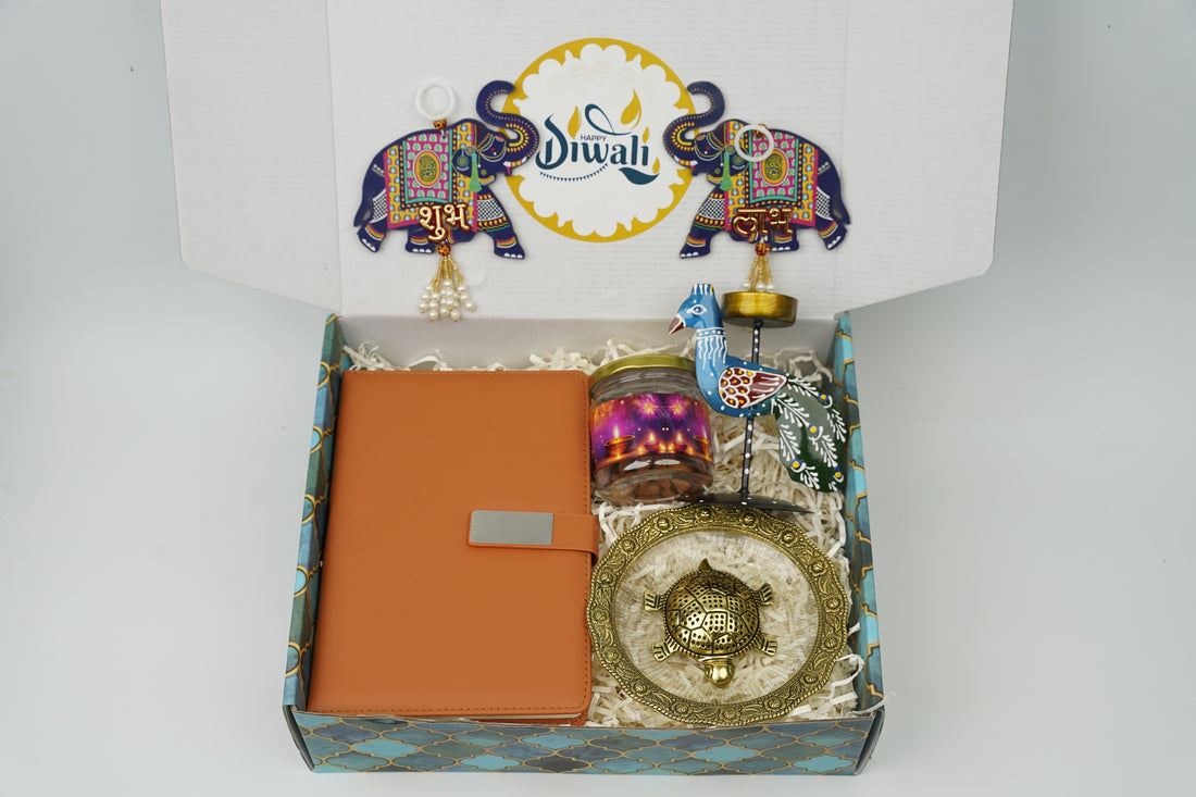 "Personalized Diwali Gift Hamper 4.0-TAN✨ Metal Flip Diary, Kacchua with Glass Plate Lucky Charm, Peacock Tea Light Candle, Shubh Labh Latkan, Almond Jar & Designer Box | Festive Gift Hamper 🎁
