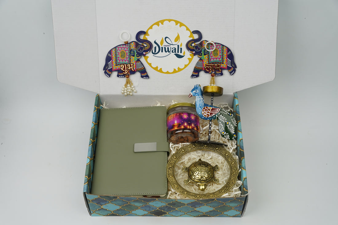 "Personalized Diwali Gift Hamper 4.0-GREEN✨ Metal Flip Diary, Kacchua with Glass Plate Lucky Charm, Peacock Tea Light Candle, Shubh Labh Latkan, Almond Jar & Designer Box | Festive Gift Hamper 🎁
