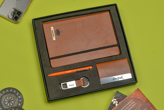 "Elevate your professional image with our sophisticated corporate set. Our elegant diary, smooth pen, sleek keychain, and stylish card holder will give you a polished and professional look."