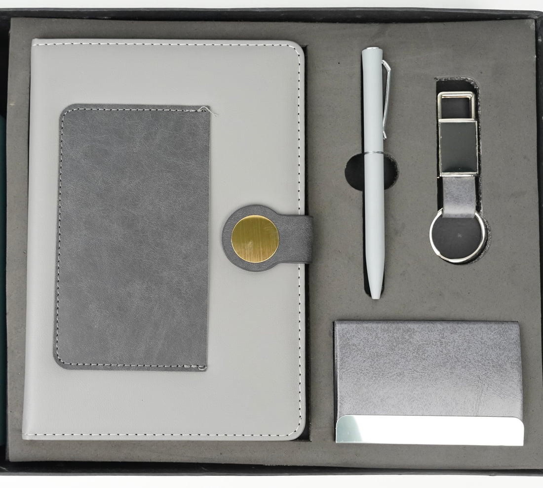 Dual Shade Diary + Classic Metal Pen + Classy Leather Metal Keychain +Classy Card Holder- GREY