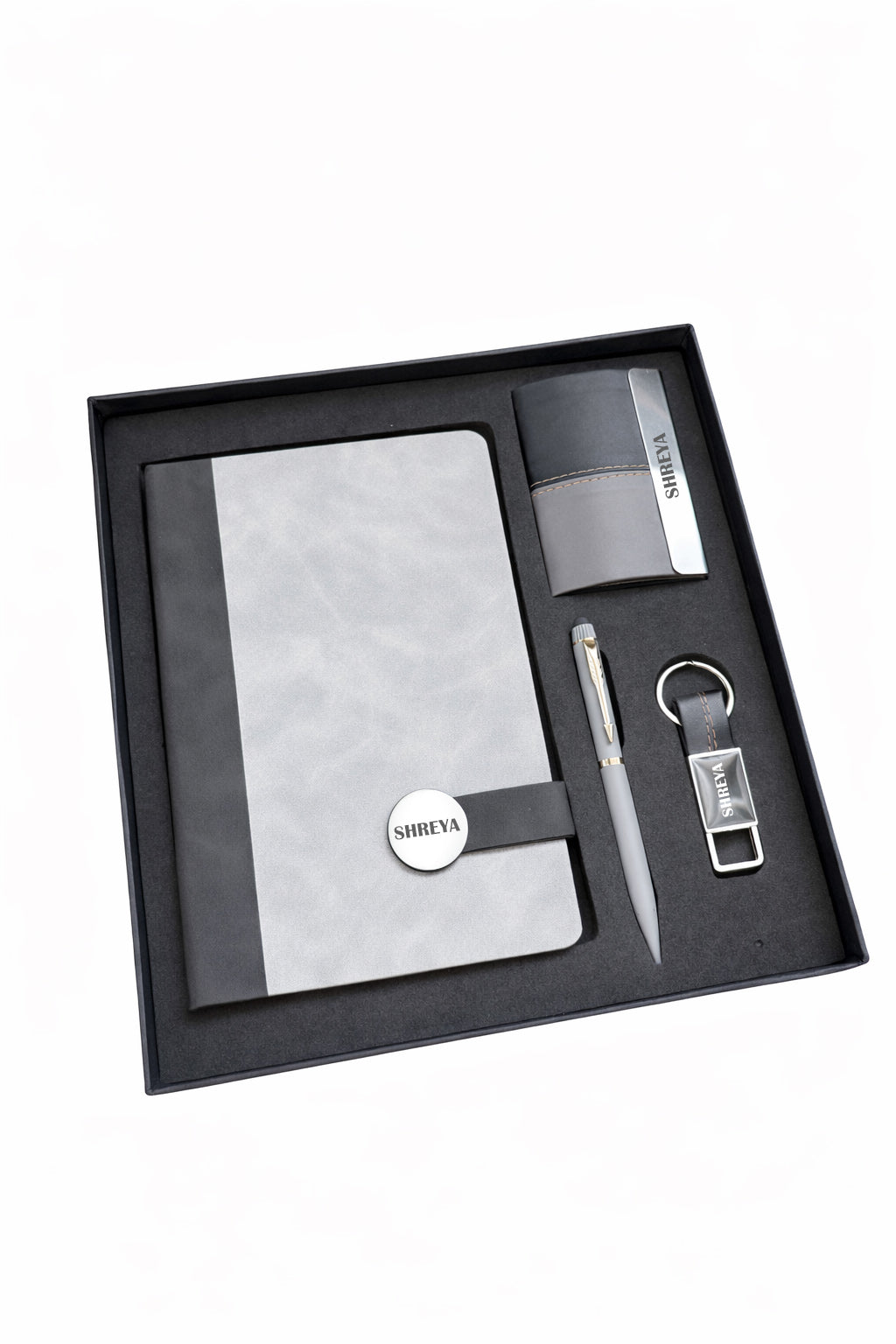 customized Directors Diary + Metal Pen + Leather Metal Keychain + Card Holder - DUAL SHADE GREY