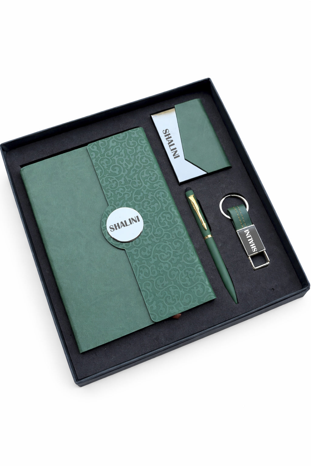 customized Classic Toffee Diary + Metal Pen + Leather Metal Keychain + Card Holder - DUAL SHADE GREEN