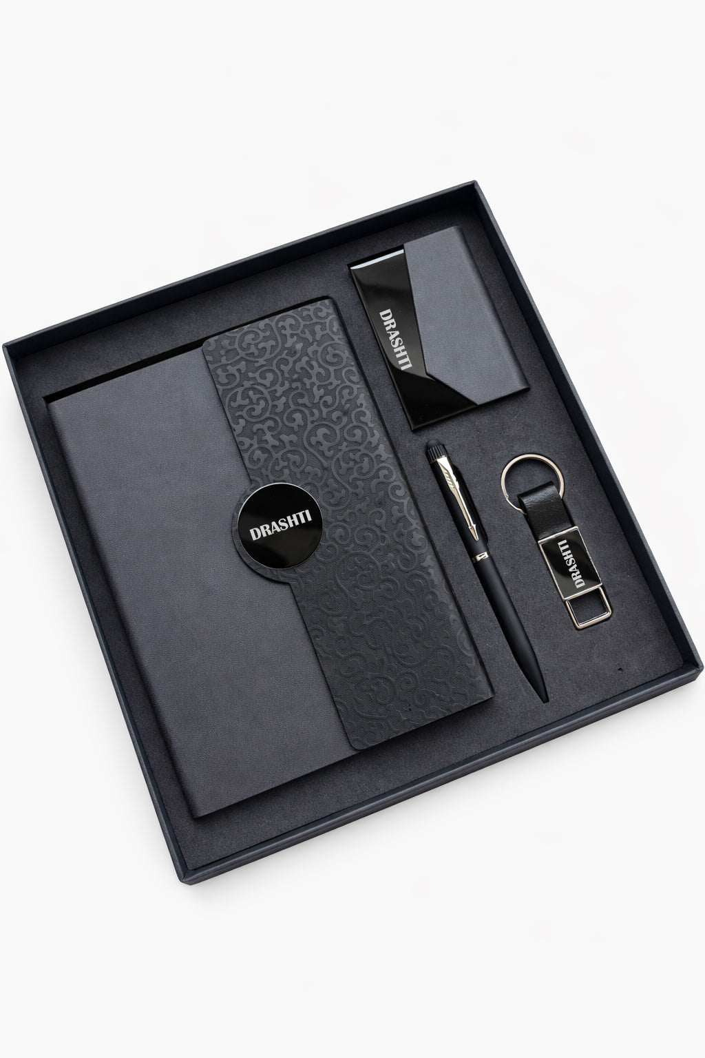 customized Classic Toffee Diary + Metal Pen + Leather Metal Keychain + Card Holder - DUAL SHADE BLACK