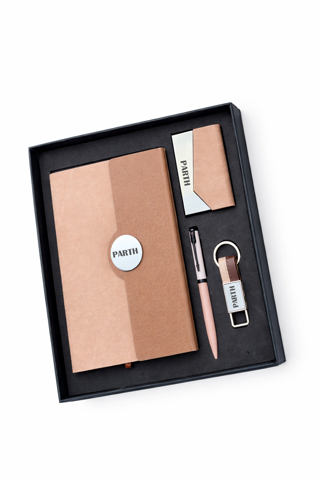 customized Classic Toffee Diary + Metal Pen + Leather Metal Keychain + Card Holder - DUAL SHADE BROWN