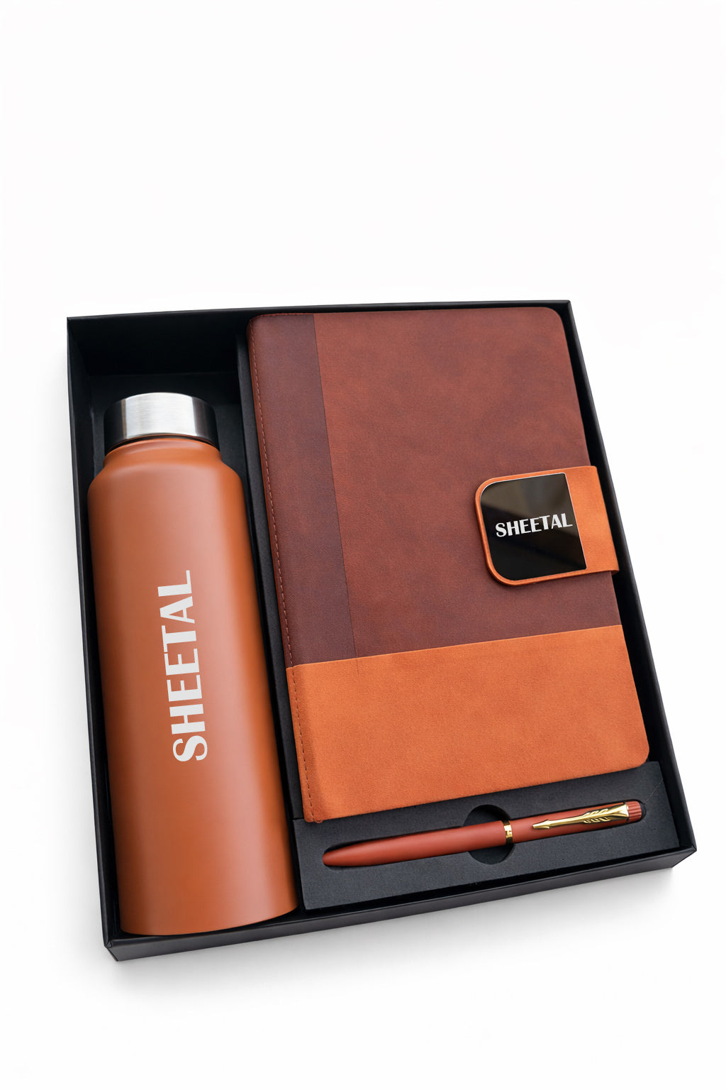Customized Duo Tone Pro Diary+Classic Metal Pen+ Classic Bottle-GI-36 Brown
