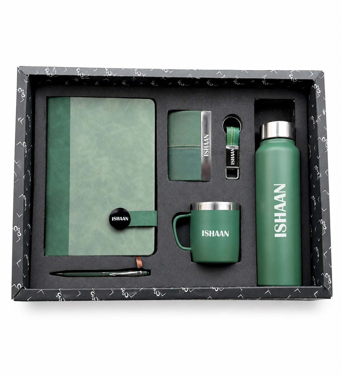 Customized Executive Slate Journal GI-26 Dairy+ Classic Metal Pen + Classy Leather Metal Keychain +Classy Card Holder + Classic Smart Bottle +Classic mug-Green