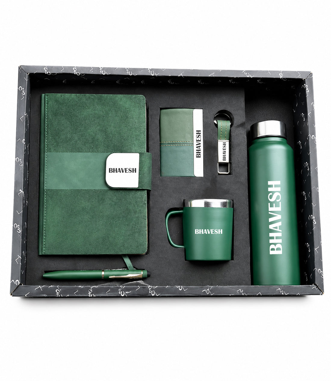 Customized Velmont Executive Diary A6+ Classic Metal Pen + Classy Leather Metal Keychain +Classy Card Holder + Classic Smart Bottle +Classic mug-Olive Green