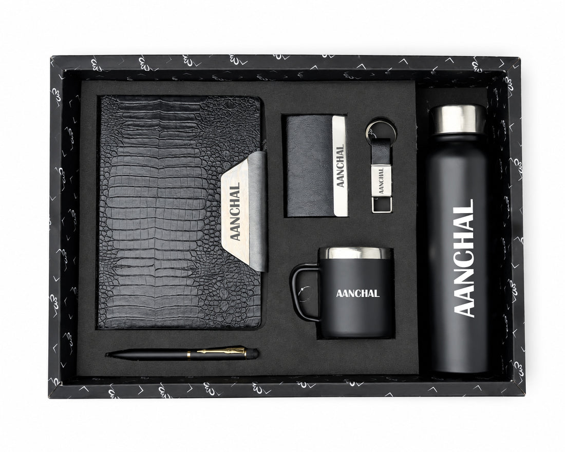 Customized Vertex Pro Diary + Classic Metal Pen + Classy Leather Metal Keychain +Classy Card Holder + Classic Smart Bottle +Classic mug-Black