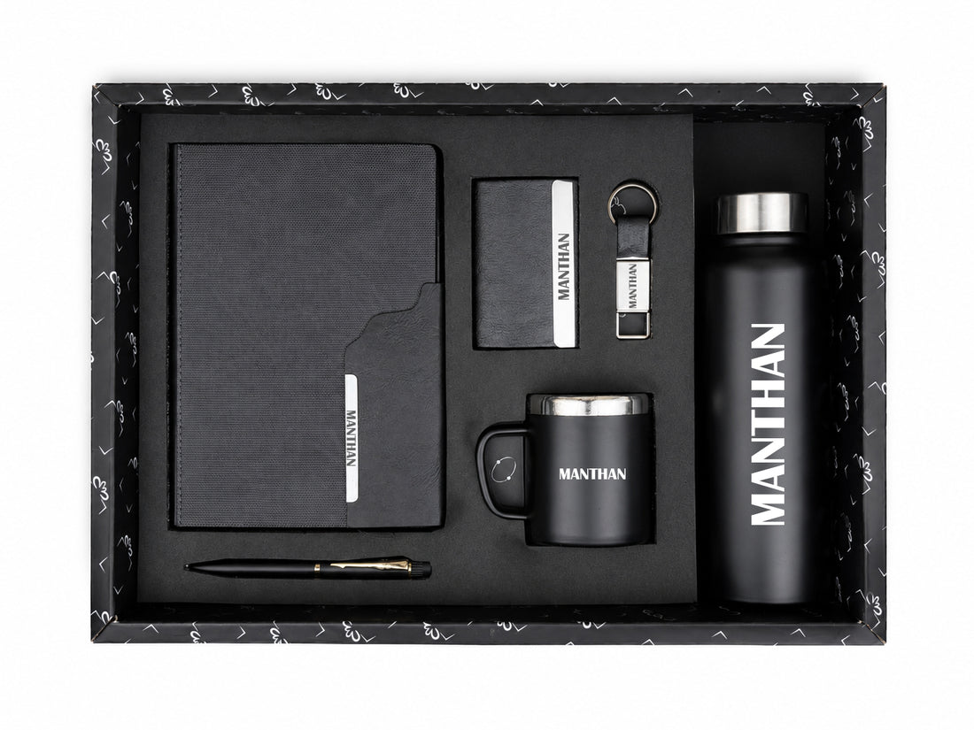 Customized Strivo Diry A3+ Classic Metal Pen + Classy Leather Metal Keychain +Classy Card Holder + Classic Smart Bottle +Classic mug-Black