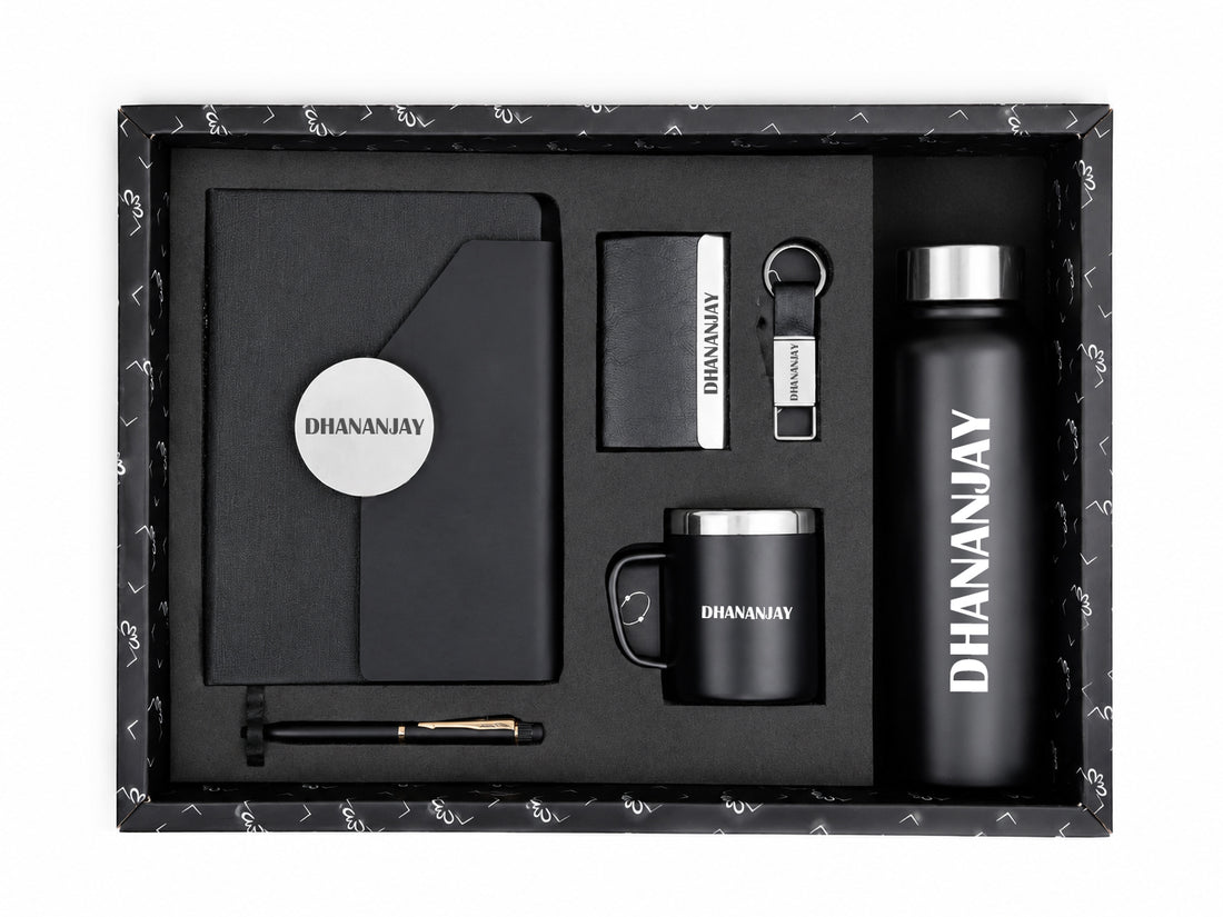 Customized Directors Diary A7+ Classic Metal Pen + Classy Leather Metal Keychain +Classy Card Holder + Classic Smart Bottle +Classic mug-Black