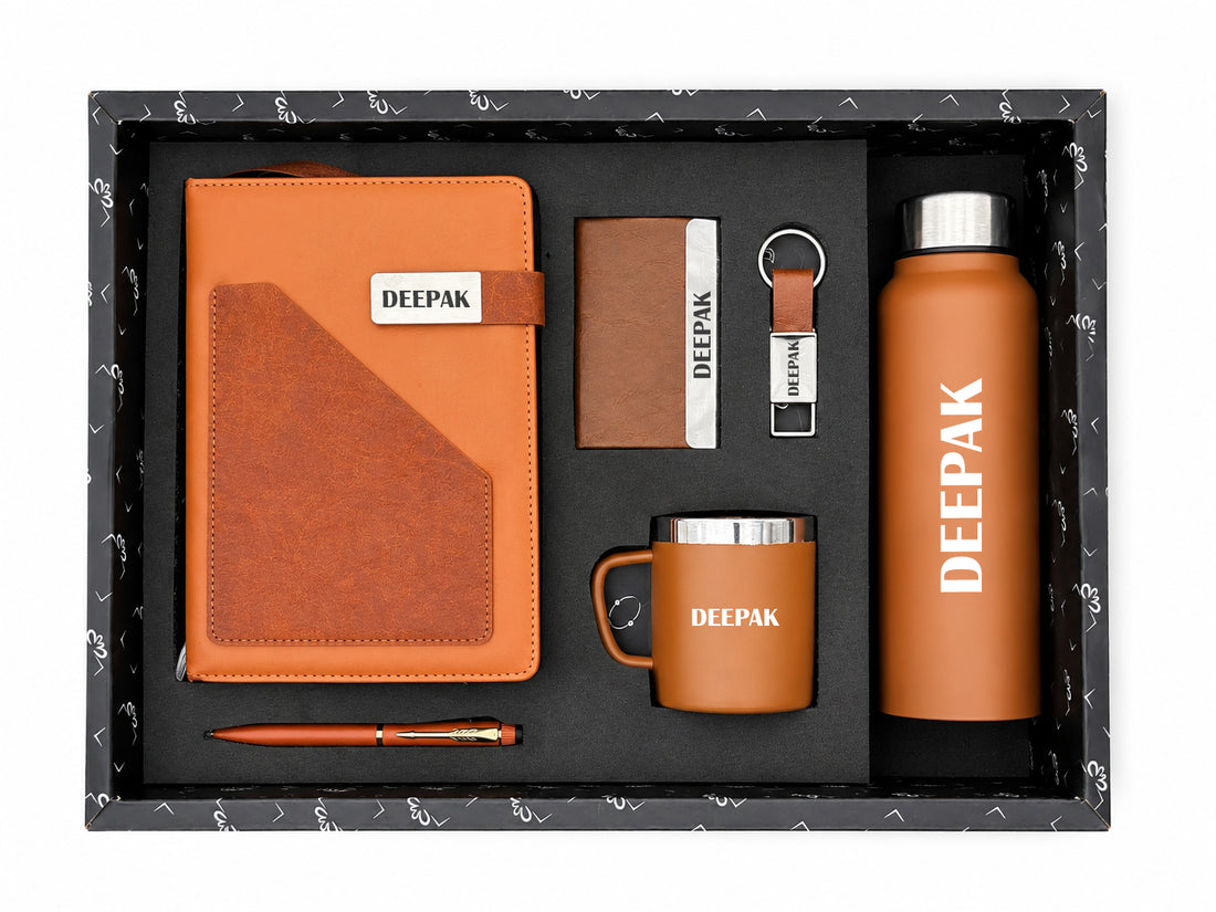 Customized Terra Luxe Dairy GI-34 + Classic Metal Pen + Classy Leather Metal Keychain +Classy Card Holder + Classic Smart Bottle +Classic mug-Tan