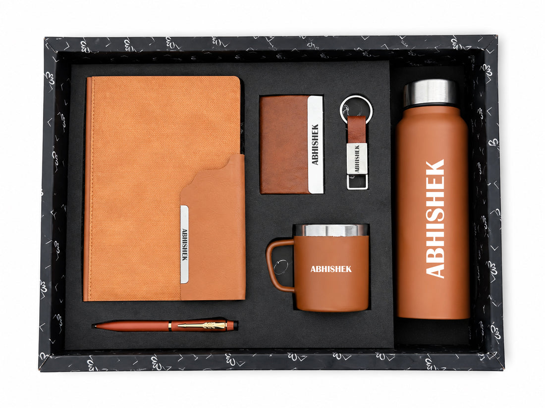 Customized Strivo Diry A3+ Classic Metal Pen + Classy Leather Metal Keychain +Classy Card Holder + Classic Smart Bottle +Classic mug-Tan