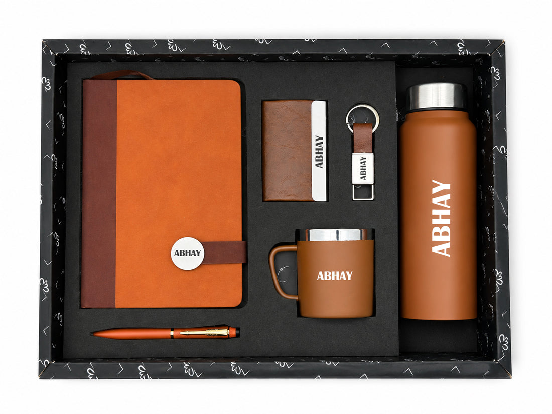 Customized Executive Slate Journal GI-29 Diary+ Classic Metal Pen + Classy Leather Metal Keychain +Classy Card Holder + Classic Smart Bottle +Classic mug-TAN