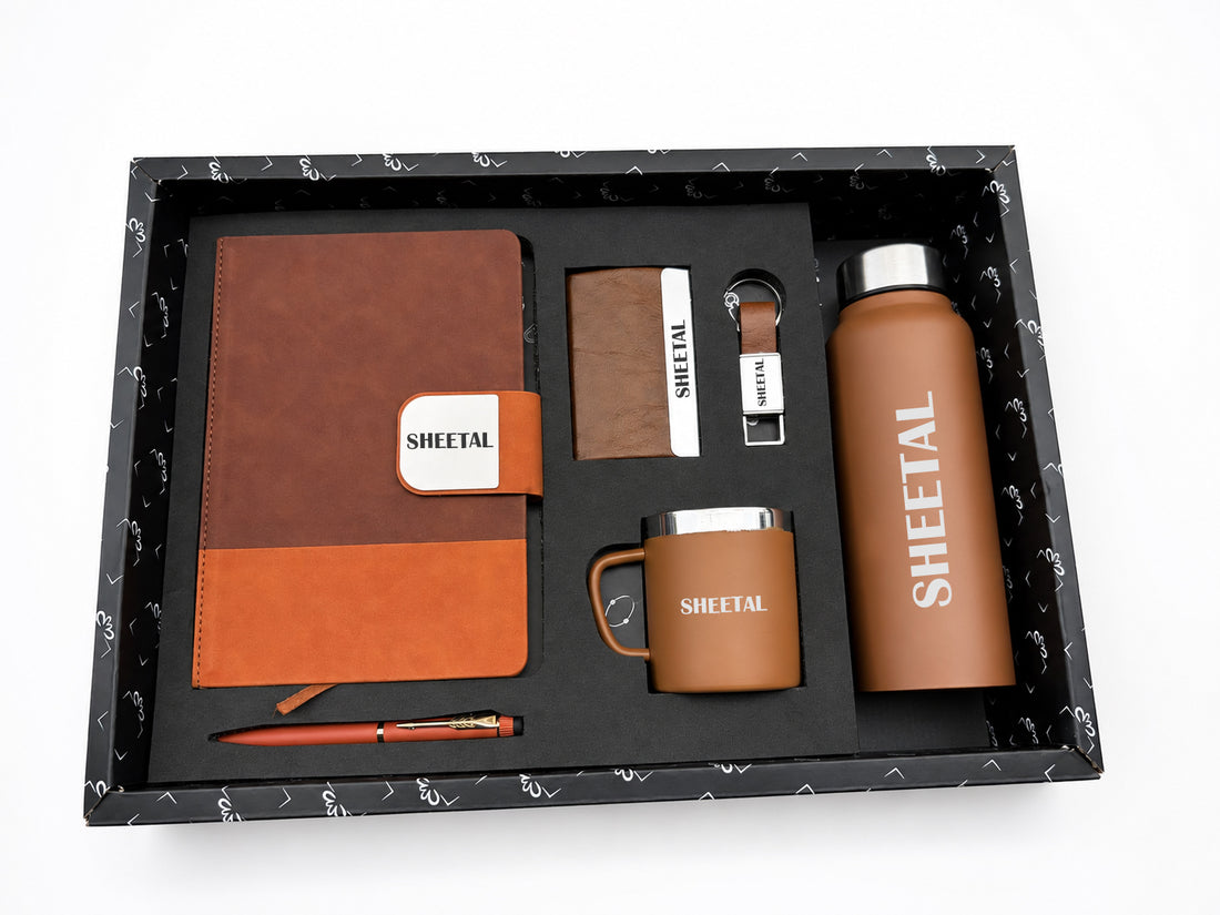 Customized Duo Tone Pro Diary GI-35+ Classic Metal Pen + Classy Leather Metal Keychain +Classy Card Holder + Classic Smart Bottle +Classic mug-Brown