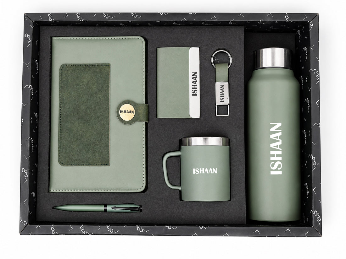 Customized Dual shade Dairy+ Classic Metal Pen + Classy Leather Metal Keychain +Classy Card Holder + Classic Smart Bottle +Classic mug-Light Green