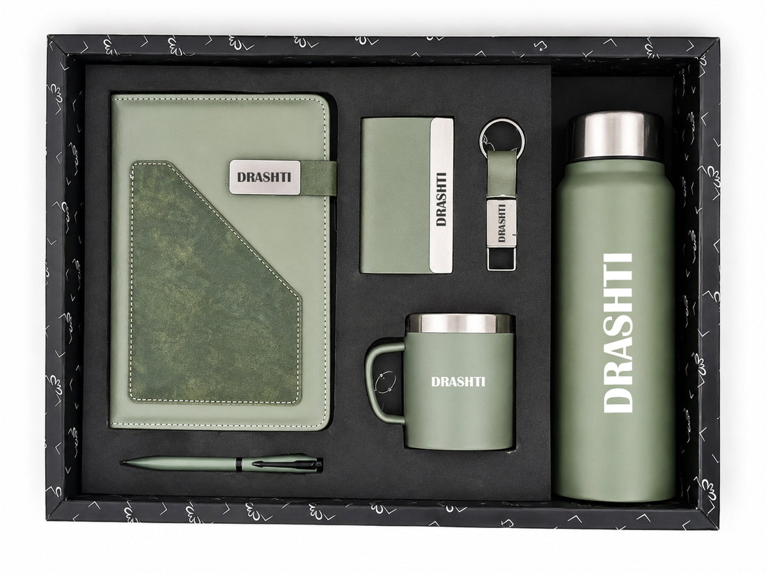 Customized Terra Luxe Dairy GI-31 + Classic Metal Pen + Classy Leather Metal Keychain +Classy Card Holder + Classic Smart Bottle +Classic mug-Light Green