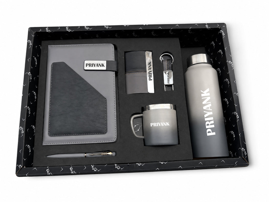 Customized Terra Luxe Dairy GI-33 + Classic Metal Pen + Classy Leather Metal Keychain +Classy Card Holder + Classic Smart Bottle +Classic mug-Black