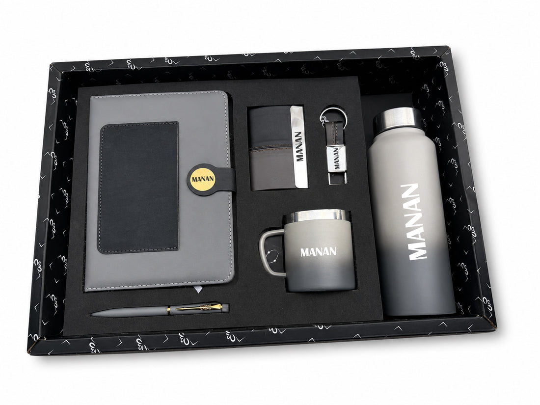 Customized Dual shade Dairy+ Classic Metal Pen + Classy Leather Metal Keychain +Classy Card Holder + Classic Smart Bottle +Classic mug-Grey
