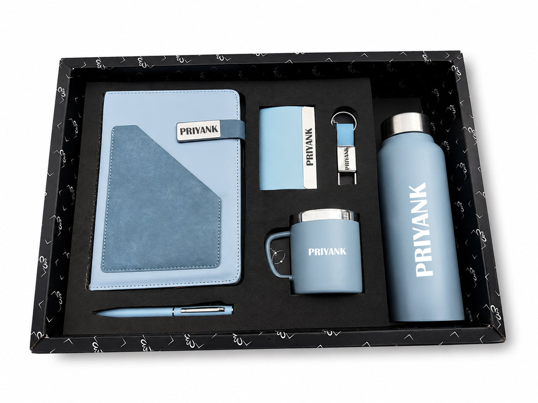 Customized Terra Luxe Dairy GI-32 + Classic Metal Pen + Classy Leather Metal Keychain +Classy Card Holder + Classic Smart Bottle +Classic mug-Sky Blue