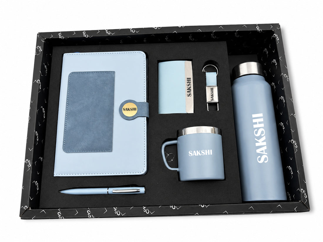 Customized Dual shade Dairy+ Classic Metal Pen + Classy Leather Metal Keychain +Classy Card Holder + Classic Smart Bottle +Classic mug-Sky Blue