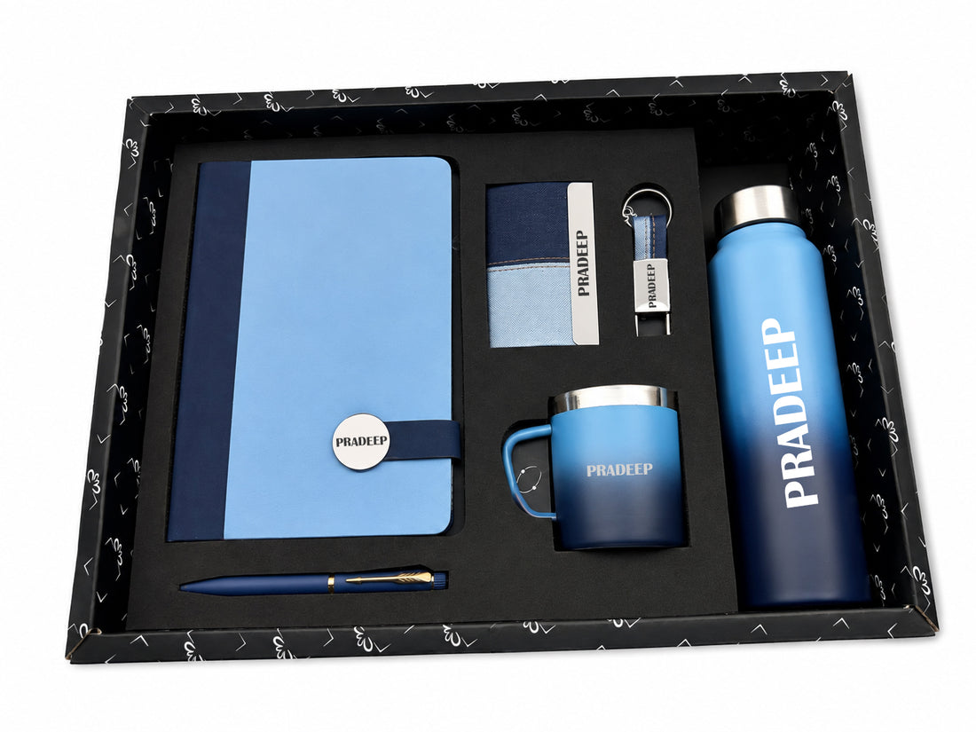 Customized Executive Slate Journal GI-30 Diary+ Classic Metal Pen + Classy Leather Metal Keychain +Classy Card Holder + Classic Smart Bottle +Classic mug-Sky Blue