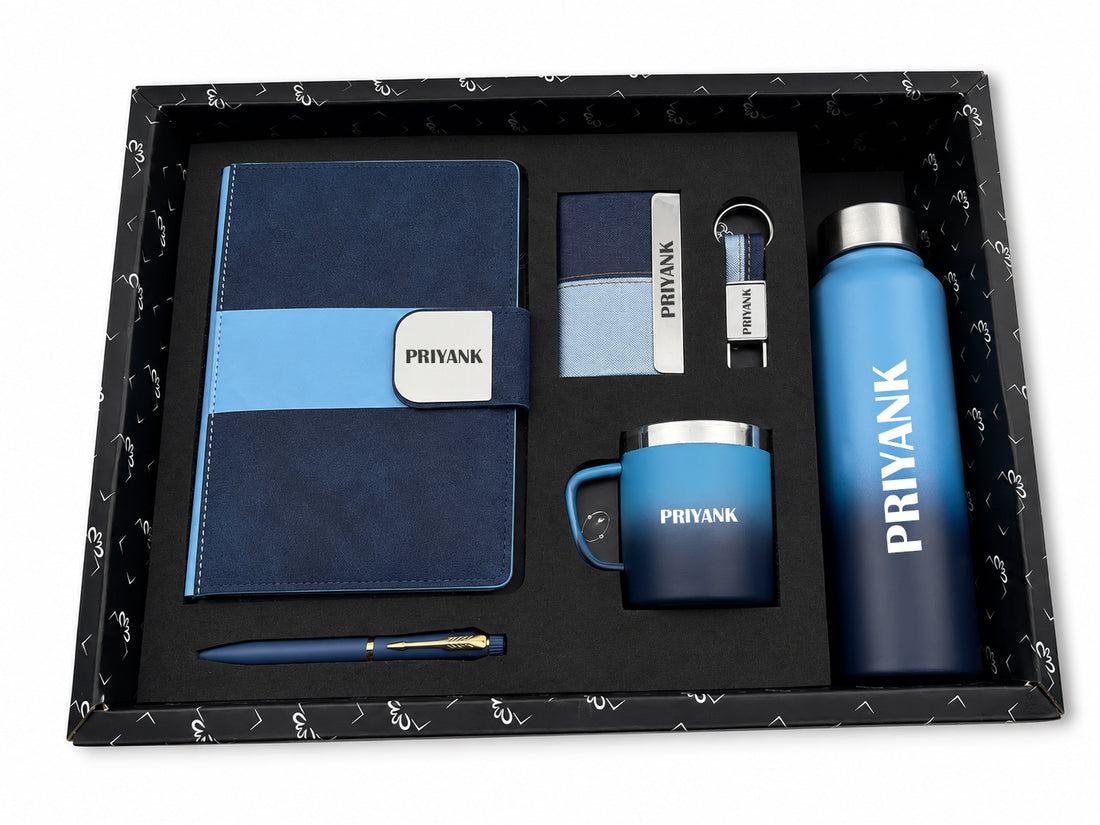 Customized Velmont Executive Diary A6+ Classic Metal Pen + Classy Leather Metal Keychain +Classy Card Holder + Classic Smart Bottle +Classic mug-Blue