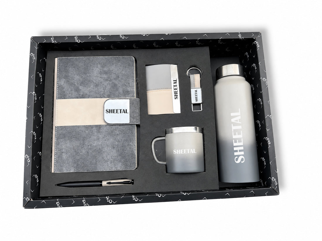 Customized Velmont Executive Diary A6+ Classic Metal Pen + Classy Leather Metal Keychain +Classy Card Holder + Classic Smart Bottle +Classic mug-Grey