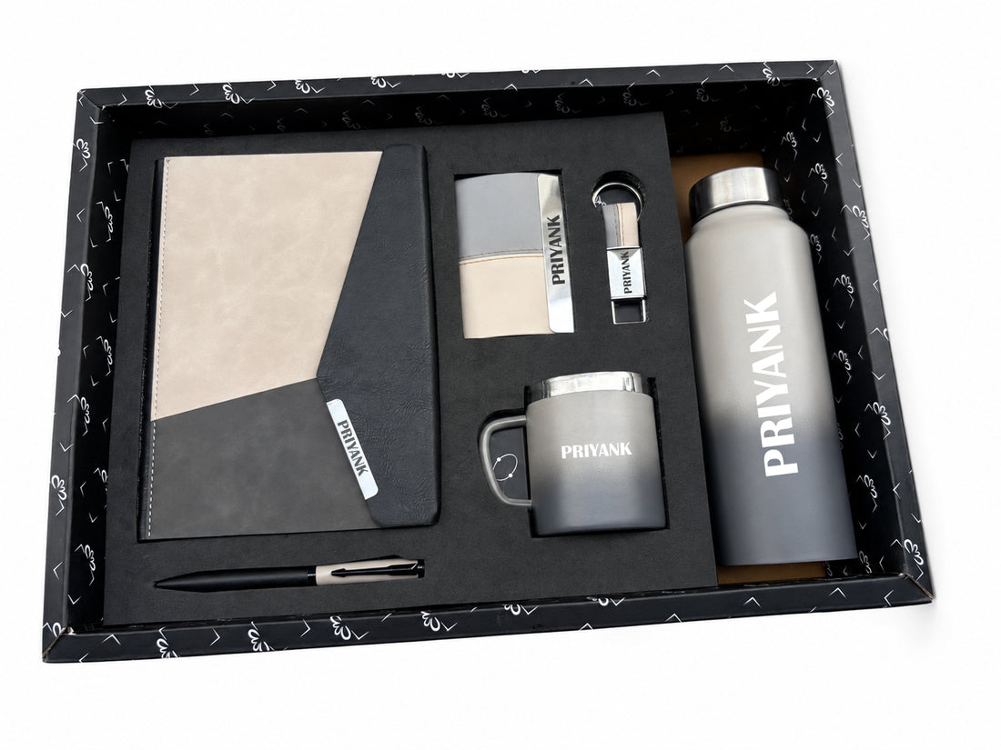 Customized URBAN EDGE PRO DIARY+ Classic Metal Pen + Classy Leather Metal Keychain +Classy Card Holder + Classic Smart Bottle +Classic mug-Stone Grey