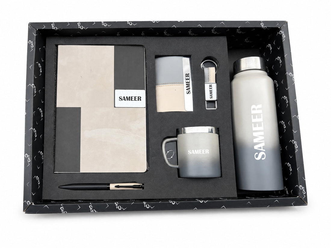 Customized Vertex Pro Diary + Classic Metal Pen + Classy Leather Metal Keychain +Classy Card Holder + Classic Smart Bottle +Classic mug-AS-Brown