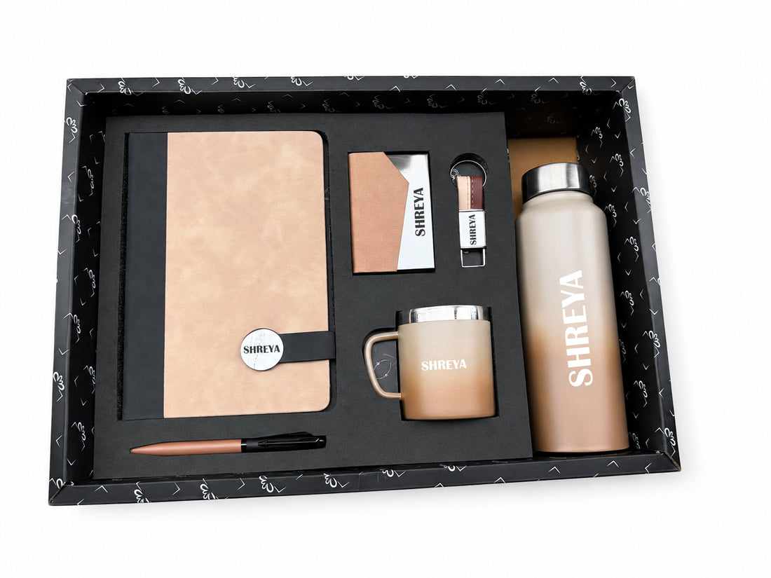 Customized Executive Slate Journal GI-28Diary+ Classic Metal Pen + Classy Leather Metal Keychain +Classy Card Holder + Classic Smart Bottle +Classic mug-Light Brown