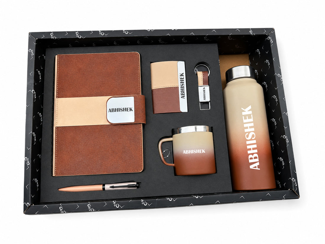 Customized Velmont Executive Diary A6+ Classic Metal Pen + Classy Leather Metal Keychain +Classy Card Holder + Classic Smart Bottle +Classic mug-Brown