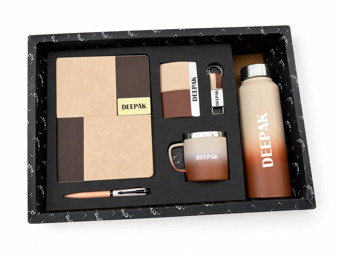 Customized Vertex Pro Diary + Classic Metal Pen + Classy Leather Metal Keychain +Classy Card Holder + Classic Smart Bottle +Classic mug-AS-AS-Brown