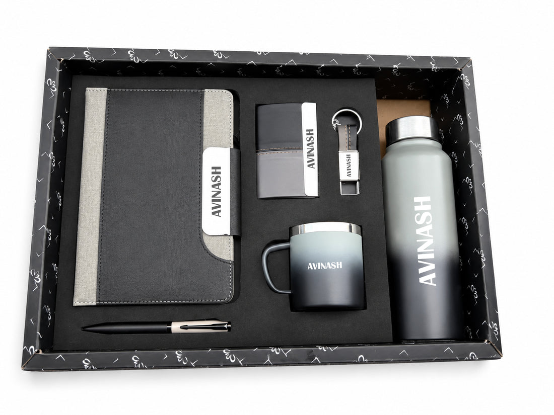 Customized Titan Edge Diary + Classic Metal Pen + Classy Leather Metal Keychain +Classy Card Holder + Classic Smart Bottle +Classic mug-A8-Grey