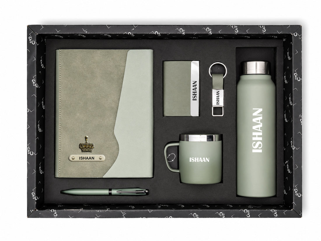 Customized URBAN EARTH DIARY + Classic Metal Pen + Classy Leather Metal Keychain +Classy Card Holder + Classic Smart Bottle +Classic mug-GREEN