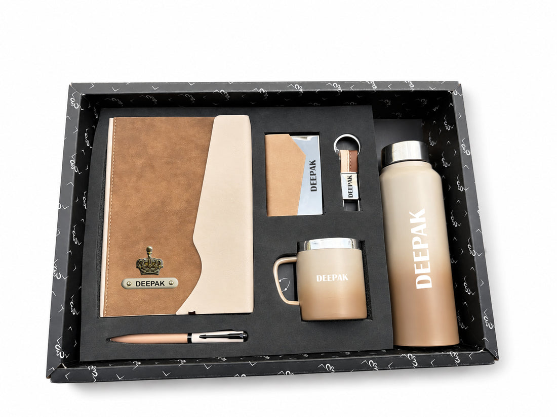 Customized URBAN EARTH DIARY + Classic Metal Pen + Classy Leather Metal Keychain +Classy Card Holder + Classic Smart Bottle +Classic mug-BROWN