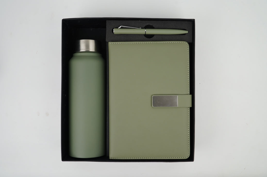 Metal Flip Diary+ Classic Metal Pen+ Classic Stainless Steel Bottle -Green