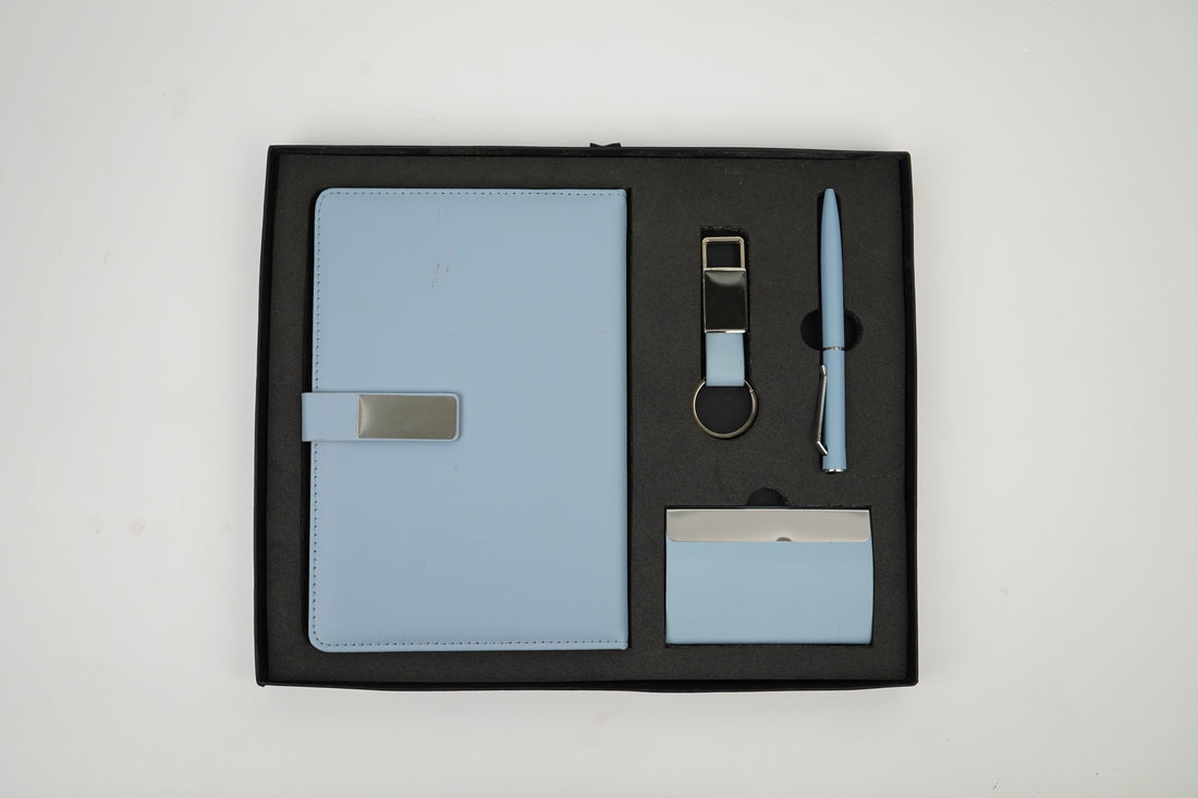 Classy  Metal Flip Diary + Classic Metal Pen + Classy Leather Metal Keychain +Classy Card Holder - BLUE