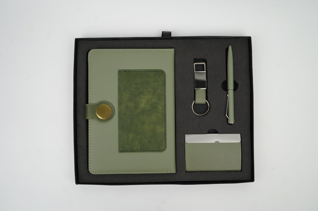 Dual Shade Diary + Classic Metal Pen + Classy Leather Metal Keychain +Classy Card Holder - GREEN