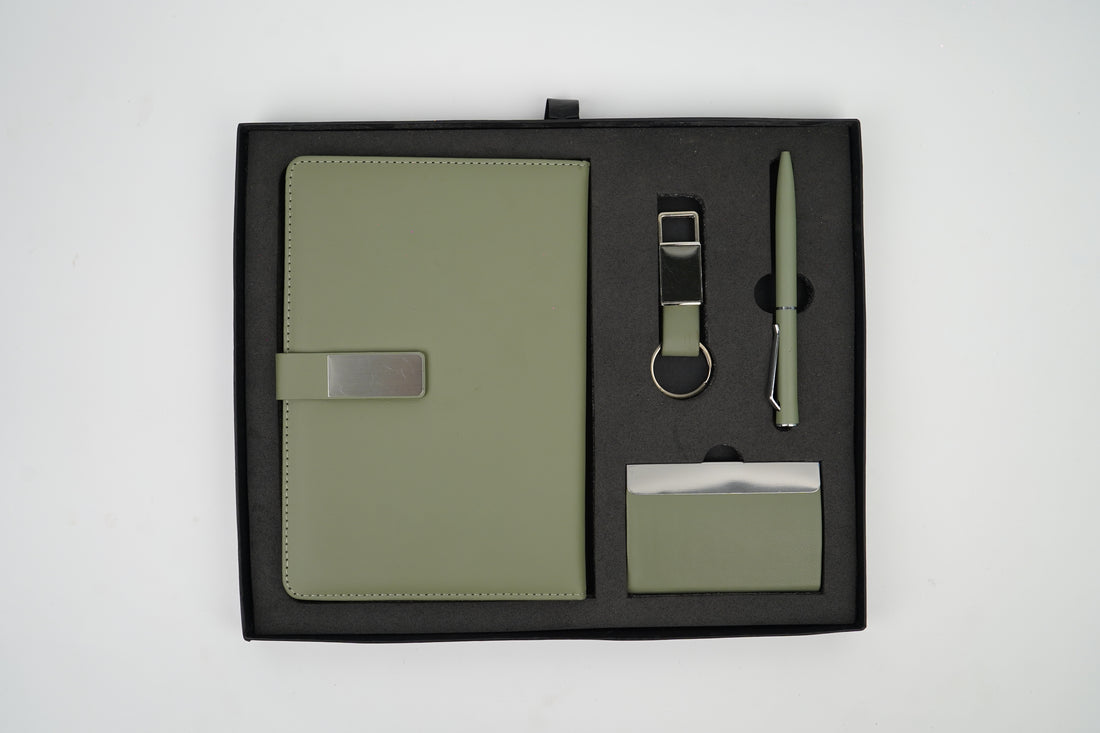 Classy  Metal Flip Diary + Classic Metal Pen + Classy Leather Metal Keychain +Classy Card Holder - GREEN