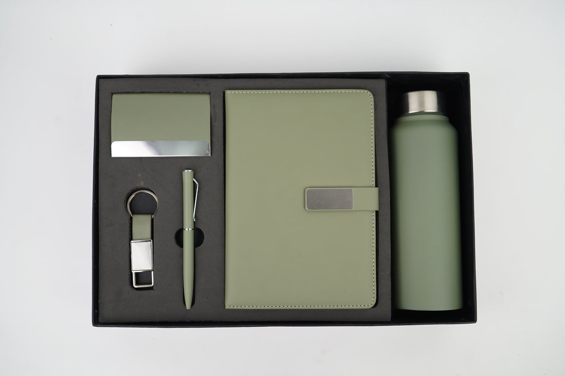 Classy Metal Flip Diary + Nexon Metal Pen + Classy Leather Metal Keychain +Classy Card Holder + Classic Smart Bottle - GREEN