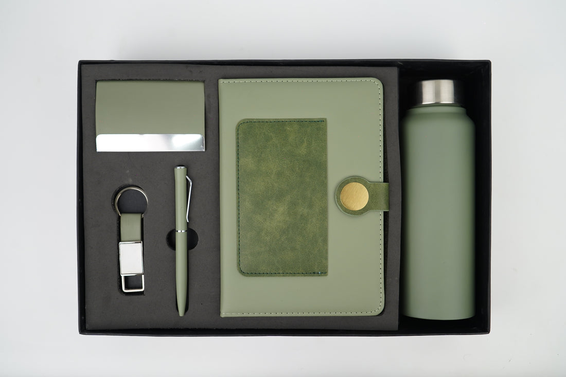 Dual Shade Diary + Classic Metal Pen + Classy Leather Metal Keychain +Classy Card Holder + Classic Smart Bottle - GREEN