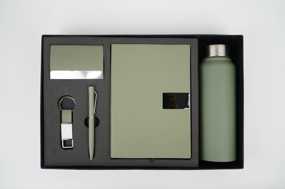 Nexon Diary + Classic Metal Pen + Classy Leather Metal Keychain +Classy Card Holder + Classic Smart Bottle - GREEN