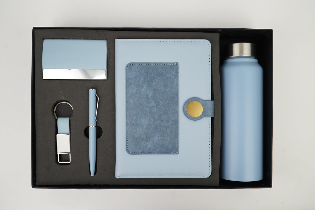 Dual Shade Diary + Classic Metal Pen + Classy Leather Metal Keychain +Classy Card Holder + Classic Smart Bottle - BLUE
