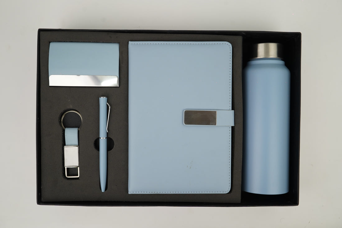 Classy Metal Flip Diary + Nexon Metal Pen + Classy Leather Metal Keychain +Classy Card Holder + Classic Smart Bottle - BLUE