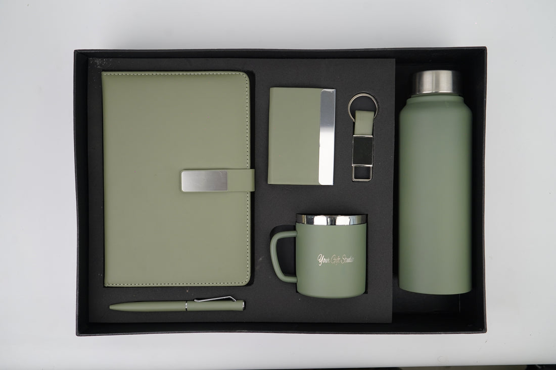 Classy Metal Flip Diary + Classic Metal Pen + Classy Leather Metal Keychain + Classy Card Holder + Classic Smart Bottle  + Stainless Steel Mug - GREEN