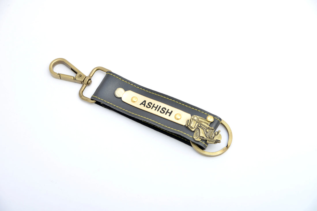 Personalized Vegan Leather Keychain with Hook - Grey